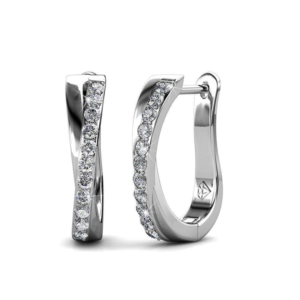 ALLURE Silver Dangle Hoop Earrings 18k White Gold Plated Small Twisted Hoops with Swarovski Crystals and Lever back Closure