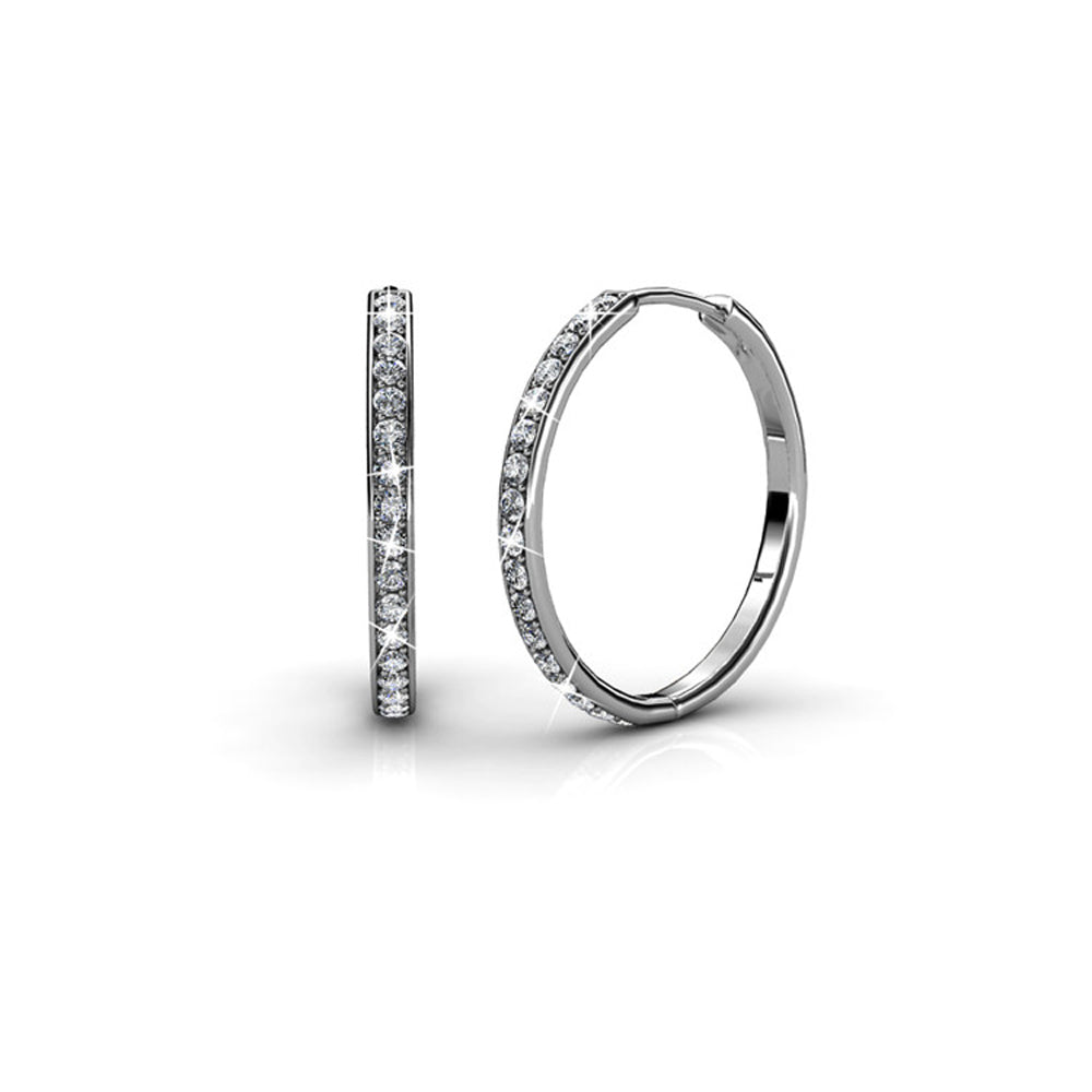 AMBITIOUS Large Silver 18k White Gold Plated Round Hoop Earrings with Swarovski Crystals