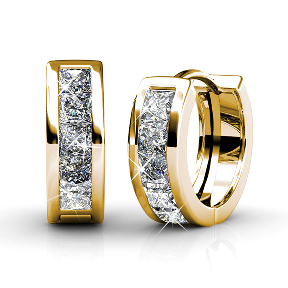 BREATHTAKING Small Gold Huggie Hoop Earrings 18k Yellow Gold Plated Tiny Hoops with Princess Cut Swarovski Crystals