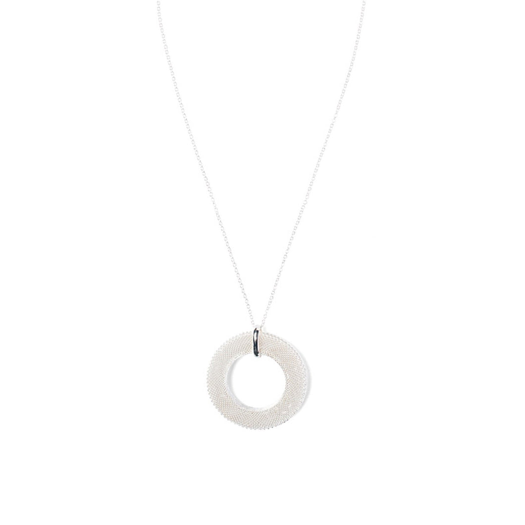 Women's Fashion Circle Pendant Necklace with Mesh Detailing - Silver