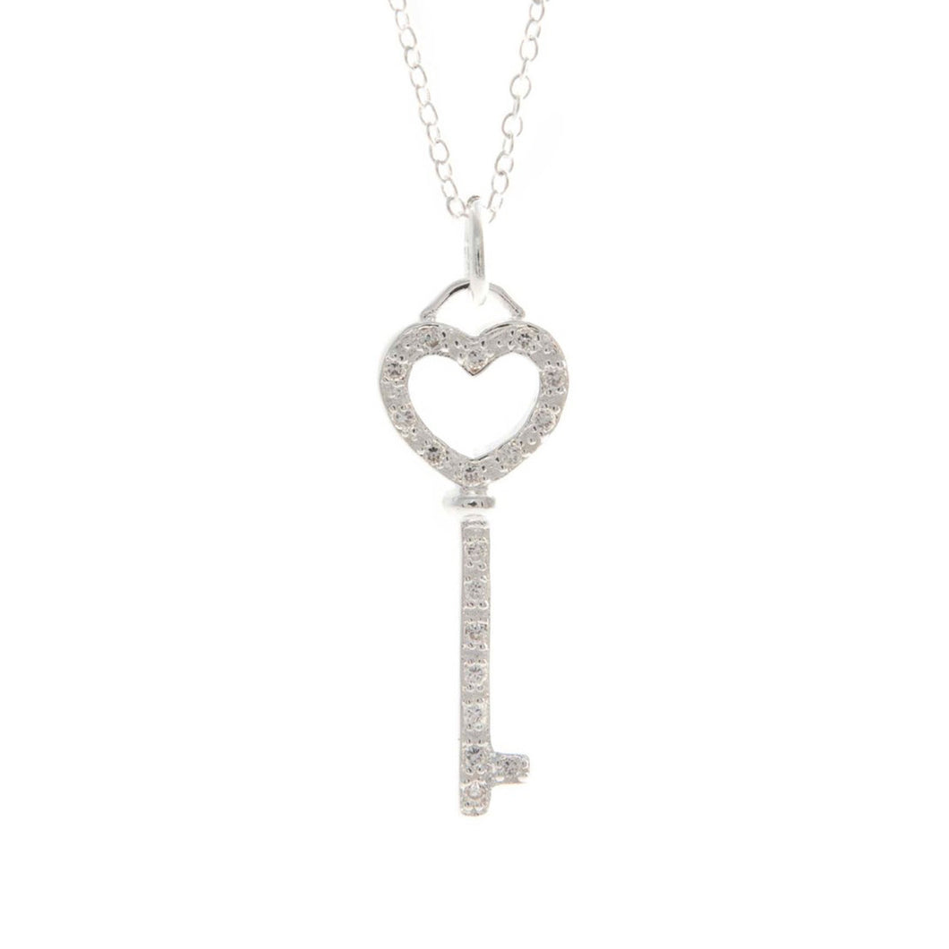 Women's Fashion Heart and Key Pendant Necklace with CZ Accents - Silver