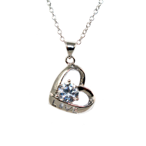 Women's Fashion Love Open Heart Platinum Plated Pendant Necklace with White Round Cut CZ Stone - Silver