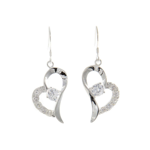 Women's Fashion Heart Shaped Dangle Drop Earrings with CZ Accents - Silver