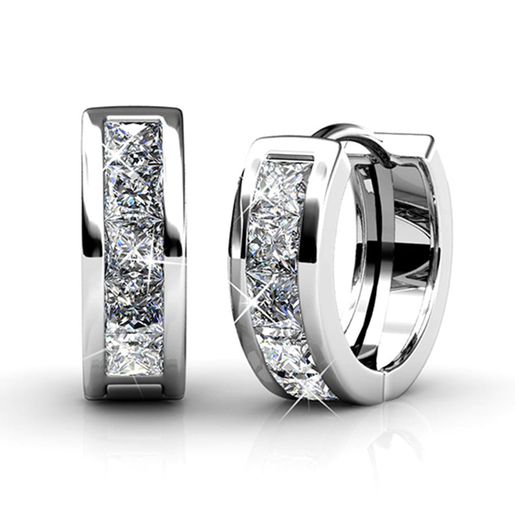 AMAZE Small Silver Huggie 18k White Gold Plated Hoops with Princess Cut Swarovski Crystals