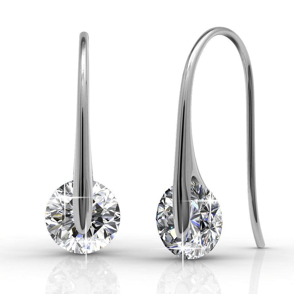 BELOVED Small Silver Drop 18k White Gold Plated Fish Hook Dangle Earrings with 1 Carat Solitaire Swarovski Crystals