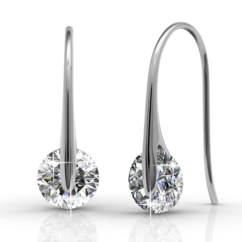 BELOVED Small Silver Drop 18k White Gold Plated Fish Hook Dangle Earrings  with 1 Carat Solitaire Swarovski Crystals