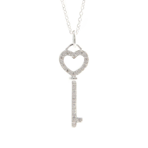 Women's Fashion Heart and Key Pendant Necklace with CZ Accents - Silver