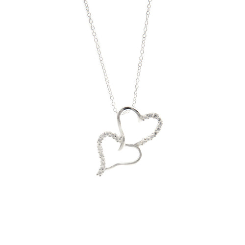Women's Fashion Double Heart Pendant Necklace with CZ Accents - Silver