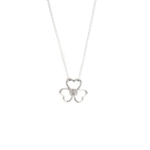 Women's Fashion Open Clover Pendant Necklace with CZ Round Cut Stone - Silver