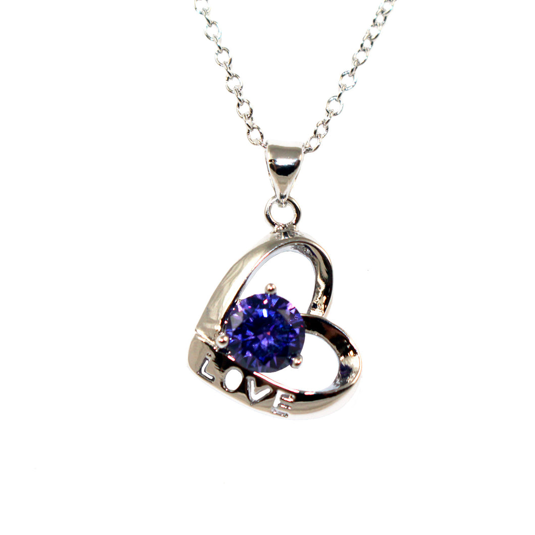 Women's Fashion Love Open Heart Platinum Plated Pendant Necklace with Purple Round Cut CZ Stone - Silver