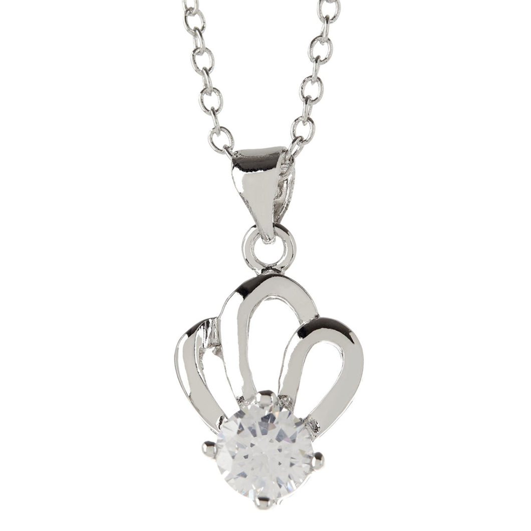 Women's Fashion Platinum Plated Crown Pendant Necklace with White CZ Round Cut Stone - Silver