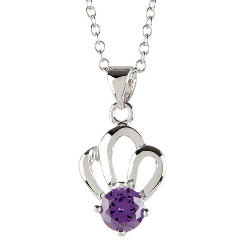 Women's Fashion Women's Platinum Plated Crown Pendant Necklace with Purple CZ Round Cut Stone - Silver