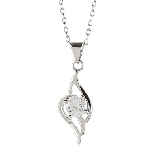 Women's Fashion Platinum Plated Angel Wing Pendant Necklace with White Round Cut CZ Stone - Silver