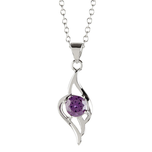 Women's Fashion Platinum Plated Angel Wing Pendant Necklace with Purple Round Cut CZ Stone - Silver