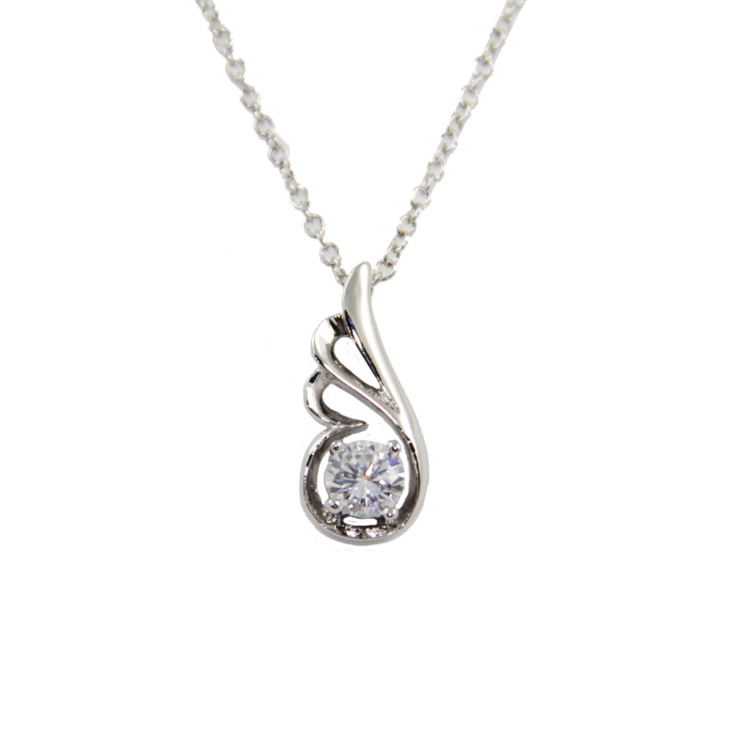 Women's Fashion Platinum Plated Dove Wing Pendant Necklace with White Round Cut CZ Stone - Silver