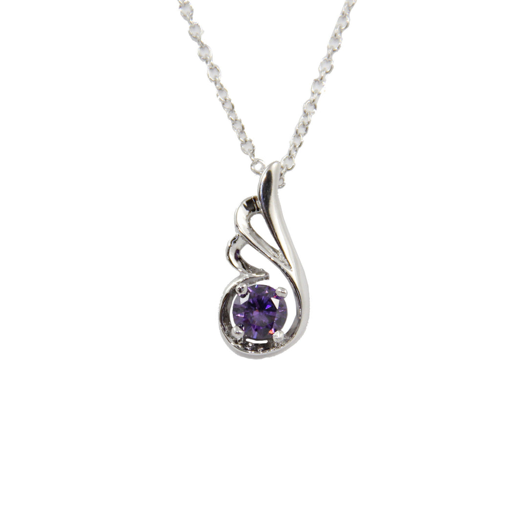 Women's Fashion Platinum Plated Dove Wing Pendant Necklace with Purple Round Cut CZ Stone - Silver
