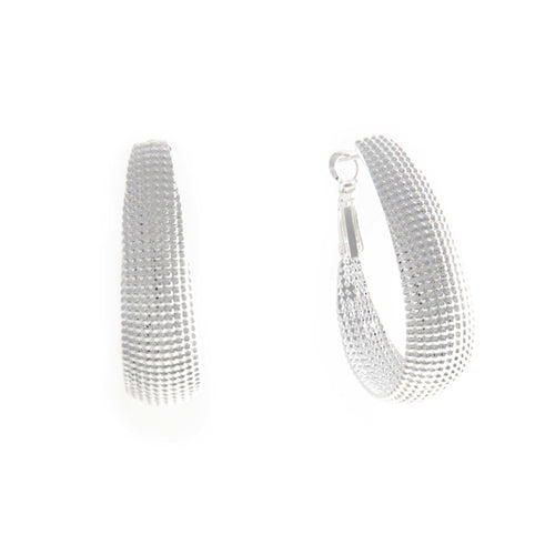 Women's Fashion Hoop Earrings with Wide Textured Fashion Design - Silver
