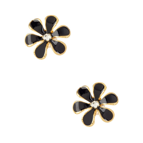 Women's Fashion Flower Stud Earrings with CZ Accents & Black Enamel Design - Gold