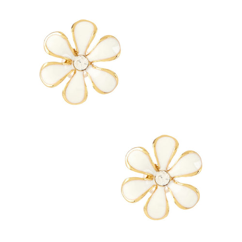 Women's Fashion Flower Stud Earrings with CZ Accents & White Enamel Design - Gold