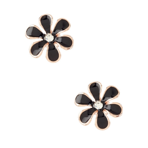 Women's Fashion Flower Stud Earrings with CZ Accents & Black Enamel Design - Rose Gold