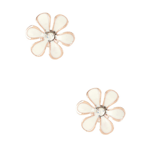 Women's Fashion Flower Stud Earrings with CZ Accents & White Enamel Design - Rose Gold