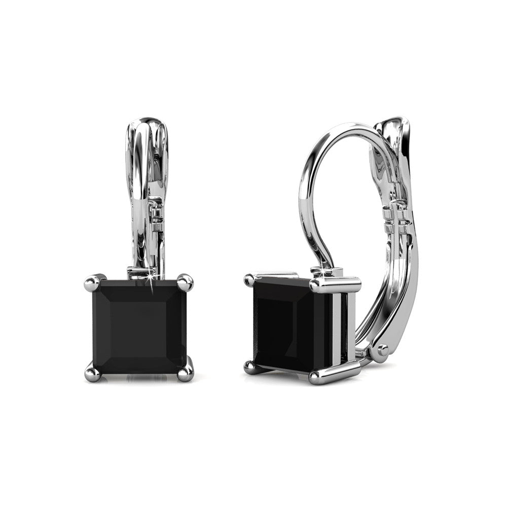 BLISSFUL Black Crystal Silver 18k White Gold Plated Dangle Earring Set with Black Onyx Princess Cut Solitaire Swarovski Crystals